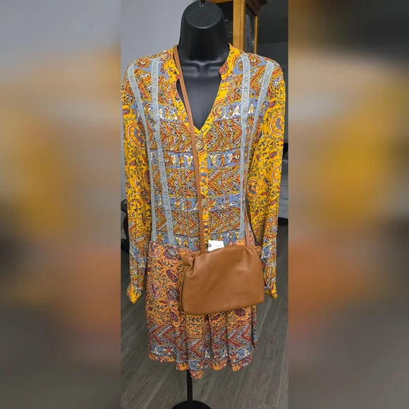 Anthropologie Tiny Boho  Yellow and Blue Long Sleeve Dress Size L - Picture 3 of 7